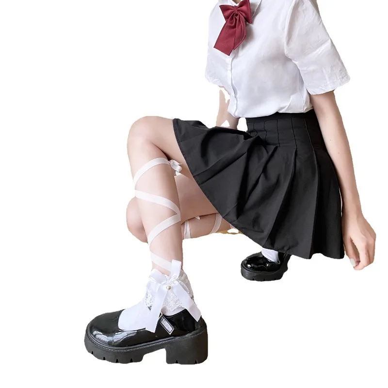 Japonais dentelle bretelles croisées cravate jambe chaussettes Jk femmes coton Sexy bas chaussettes mince femmes moyen Tube chaussettes fête longue chaussette