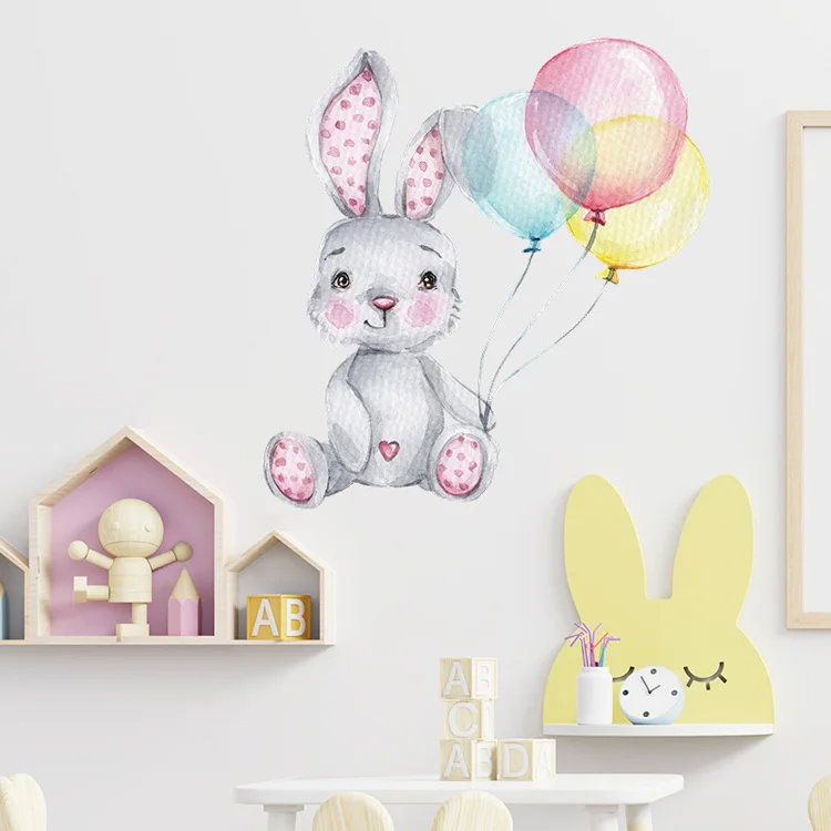 Cartoon bemalte Hasen-Ballon-Wandaufkleber für Kinderzimmer, Schlafzimmer, Wanddekoration, selbstklebende Dekor-Aufkleber – Detail 2