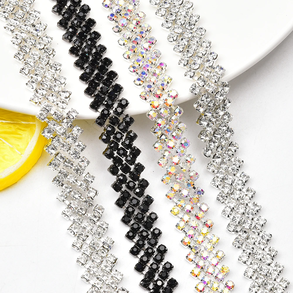 5 Rows Silver Base Dense Claw Glass Sew On Rhinestones Cup Chain Crystal Trim For Clothes Shoes Bags Accessories