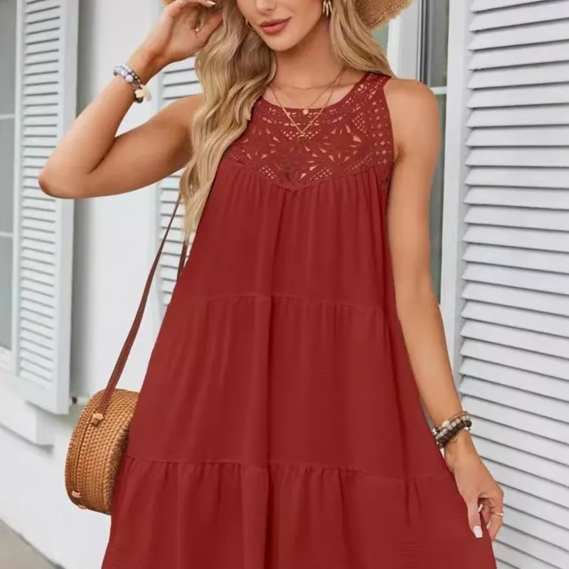 

Casual Round Neck Short Sleeved Solid Color Lace Hollow Out Women's Dress Fashionable Street Fresh Sweet Style Summer Dress