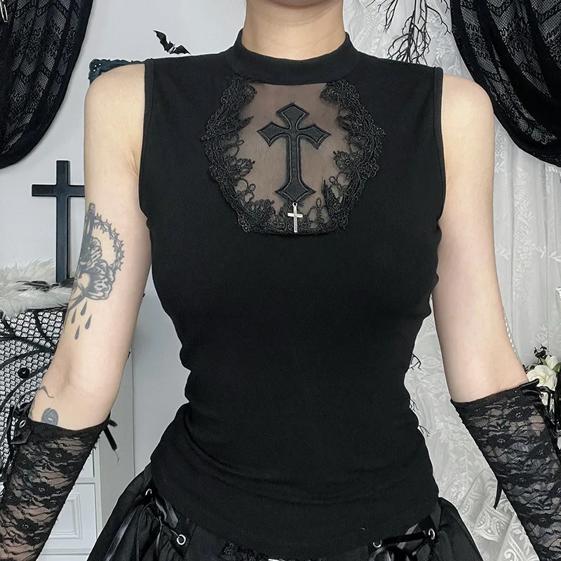 Goth Dark Summer Tanks Top Solid Basic Techwear Tops Women Mall Gothic Mesh Patchwork Cross Vest Sleeveless T-shirt Alt Clothing