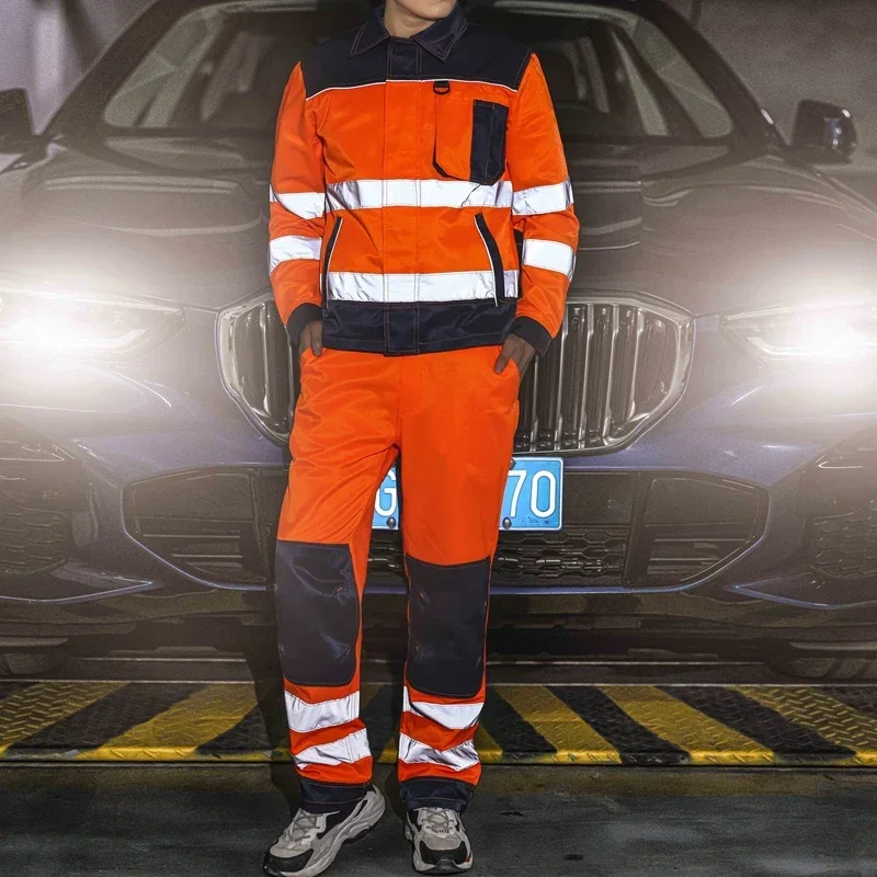 High Visibility Work Wear Set Men Reflective Safety Jacket+cargo Pant Clothing Workwear Orange Multi Pockets Resistant Suit New