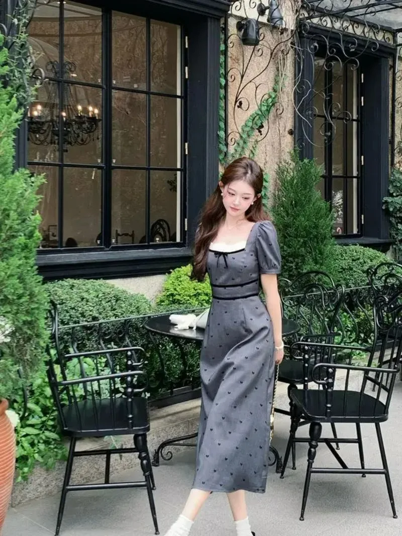 Korean Fashion Retro Square Neck Floral Dress Women 2025 New Summer Temperament Long Cinched Waist Dresses