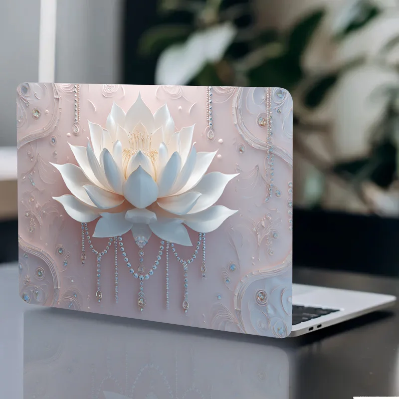 

2 Elegant Lotus and Pearl Laptop Case - Light Beige Scratch Resistant PVC Case with Beige and Pink Soft Design with Gold