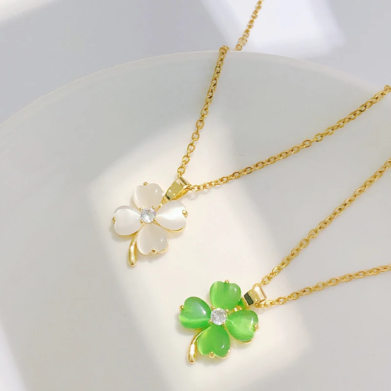 LUCKY99 Trendy 2 Colors Cute Four Leaf Clover Pandent Necklaces For Women Luxury Simple Opal Love Lucky Flower Jewelry N23743