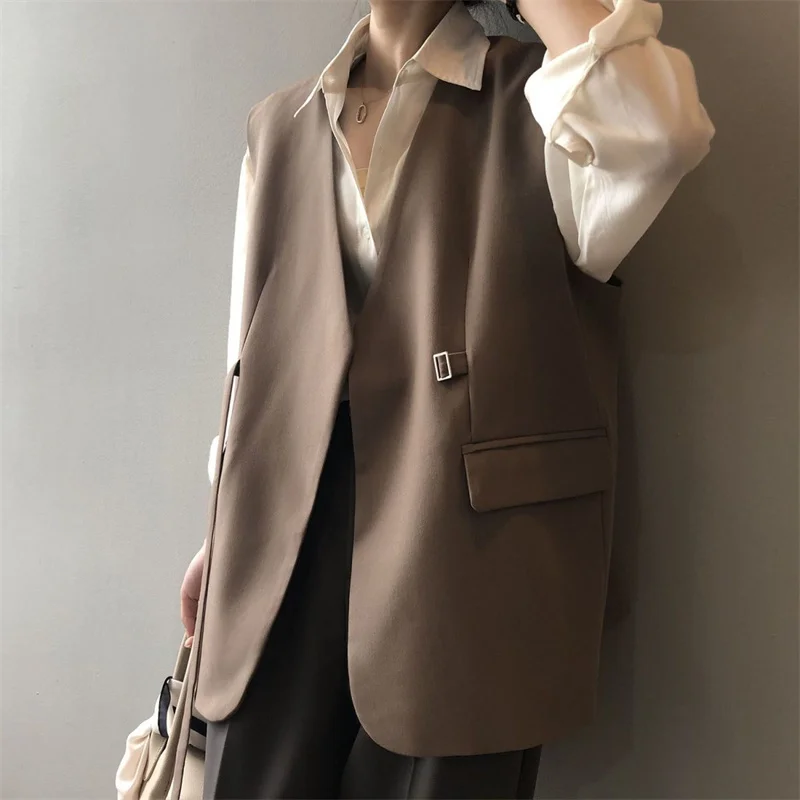 

Women V-Neck Suit Coats Casual Sleeveless Blazer Korean Style Oversize Work Vests 2025 Spring Elegant Solid OL Blazer