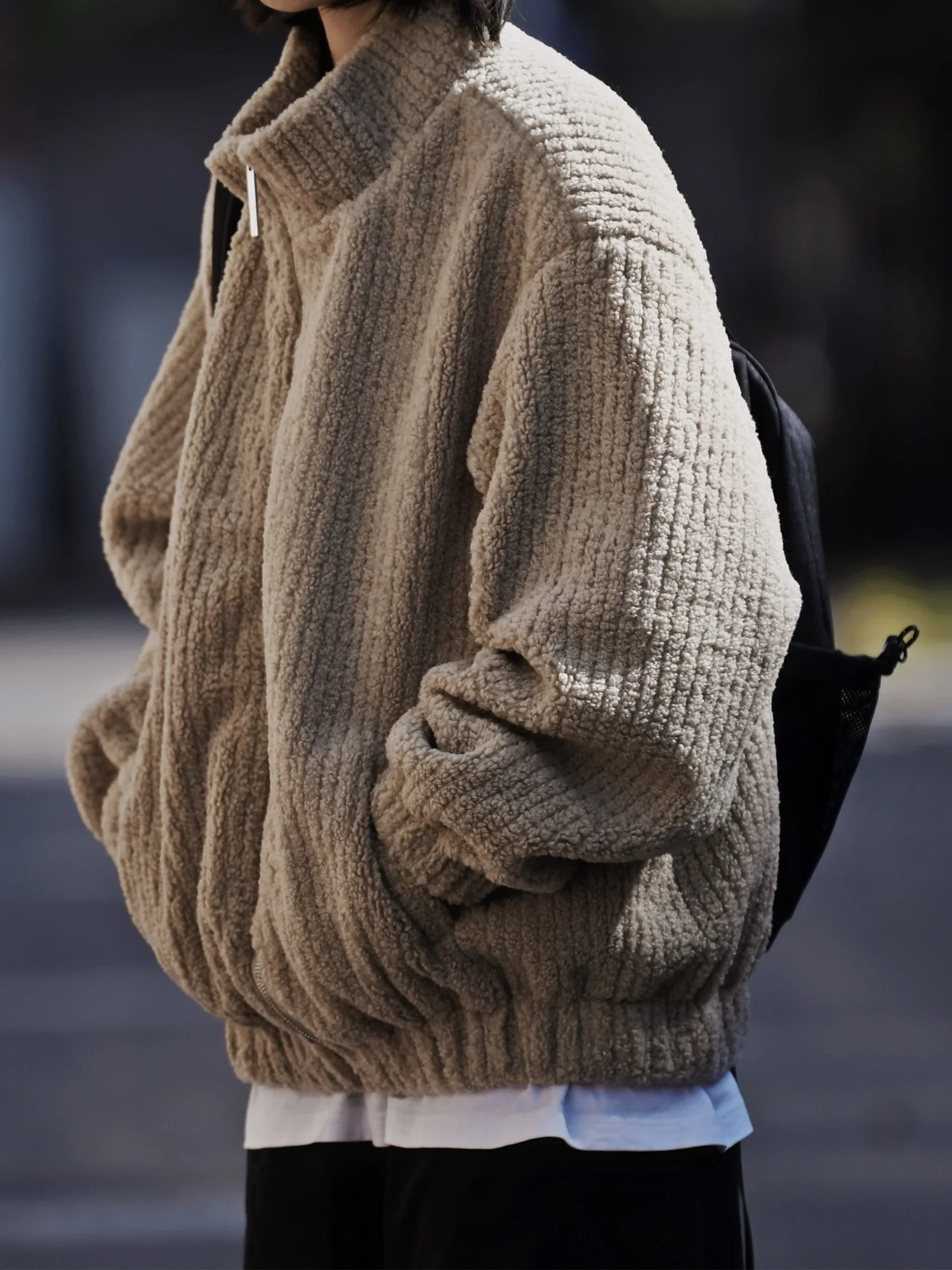Men's Fall Winter Retro Fleece Jacket Loose Fit Warm Stand Collar Cotton Coat with Vertical Texture Solid Casual Outerwear