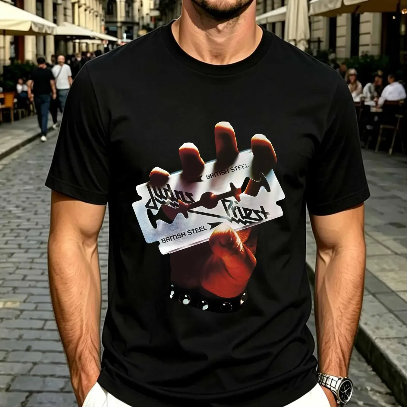 washed T Shirt judas priest british steel vintage Washed Casual homme Breathable Unisex Stretched Versatile Stylish Comfortable