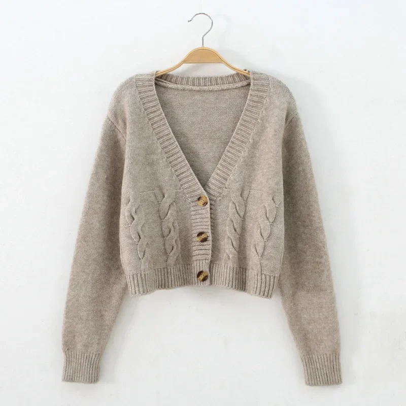 Short style high-waisted slim plastic sweater women spring new single-breasted knitted cardigan twist small jacket