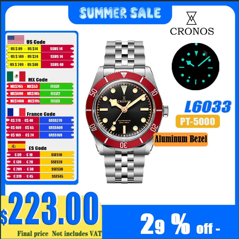 Relógios de Luxo Cronos para Homens 37mm 39mm Diver BB54 Vintage Automático com Bezel de Alumínio Fosco e Elos de Acabamento Femininos, Safira 20 Bar L6033 M