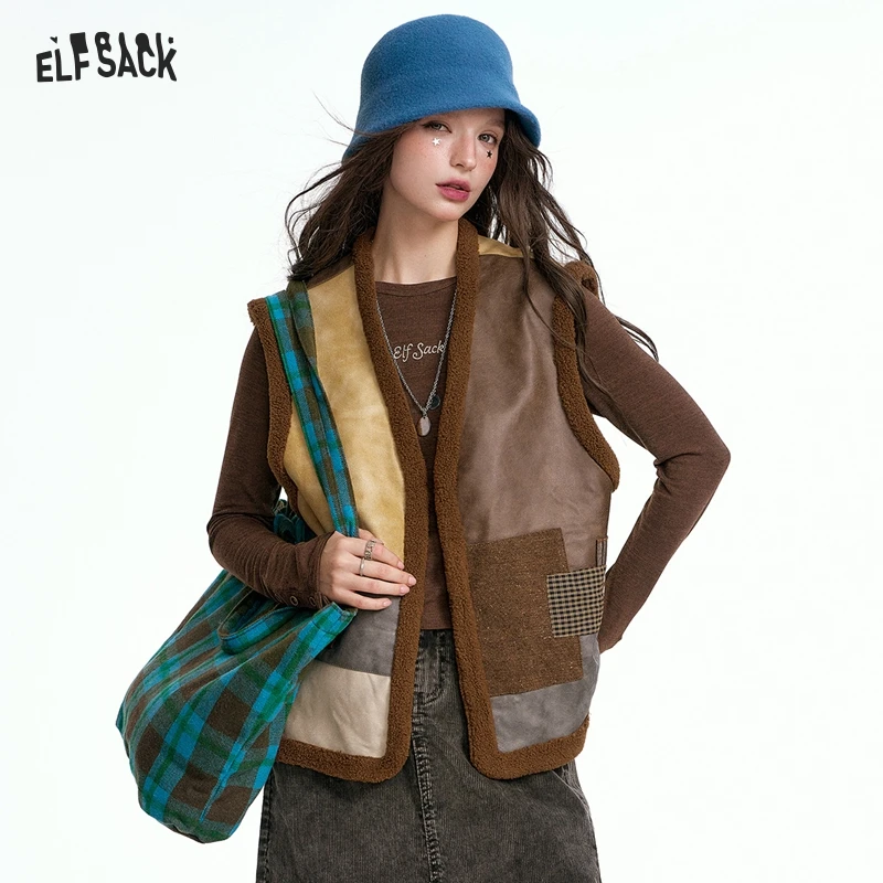 ELFSACK 2024 Autumn New Arrivals Retro Color Block PU Leather Vest for Women Plush Layering Gilet