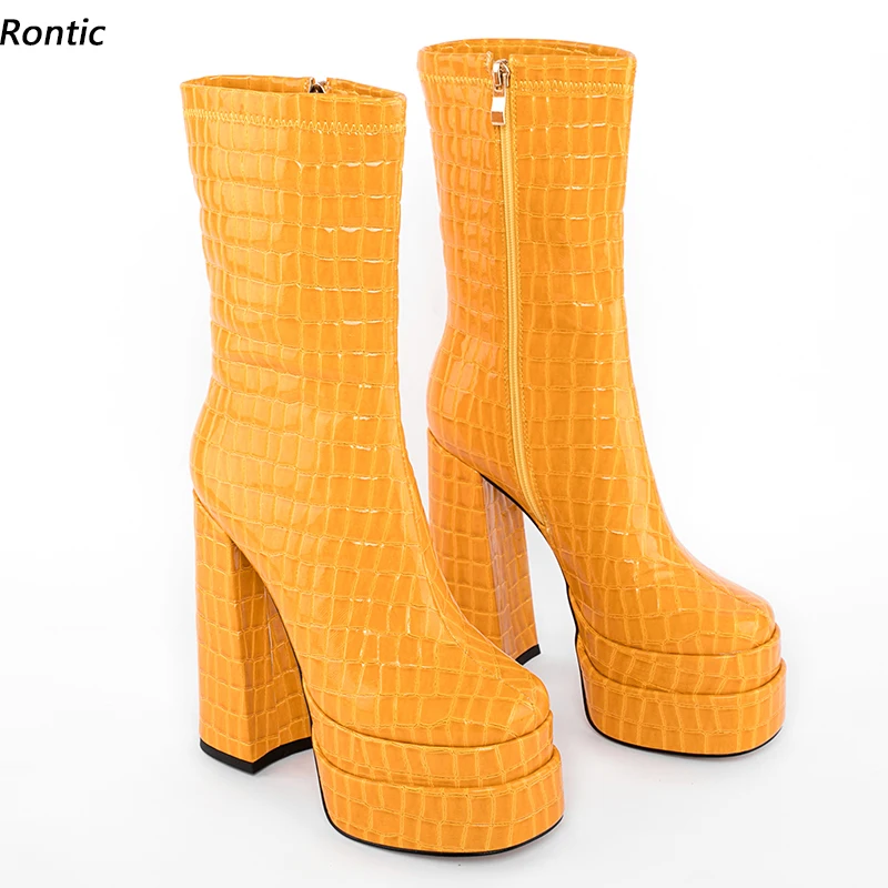 

Rontic Women Spring Ankle Boots Waterproof Stone Pattern Chunky Heels Round Toe Pretty Yellow White Party Shoes US Size 4-10.5