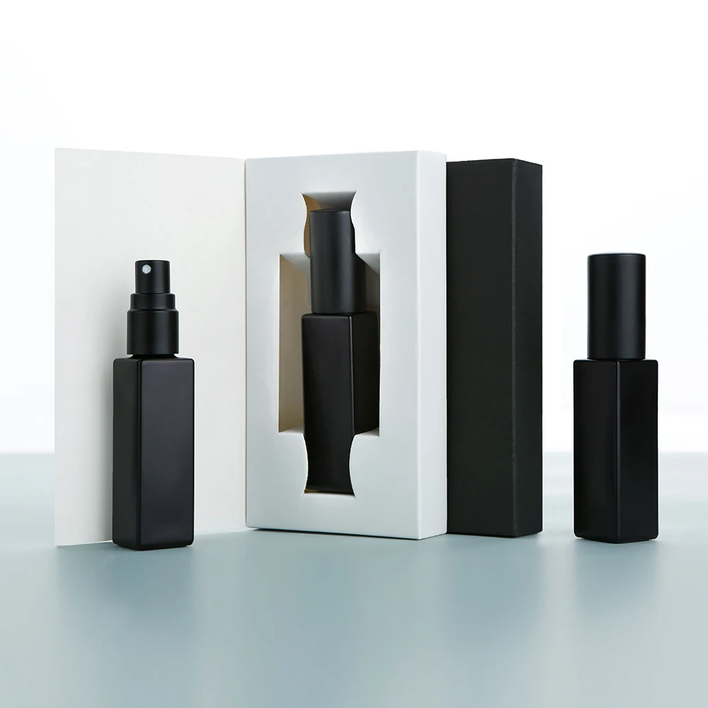 30/40PCS 10ml Sq 전기 도금 두꺼운 유리 매트 블랙 향수 스프레이, Al 노즐 분무기, 파손 방지, 플립 탑 박스 포함