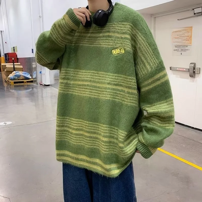 

Laid-ba Striped Knitwear Men's Loose Warm Overhead Sweater Autumn Winter Thiened Inner Wear Polyester Fiber Casual Sle