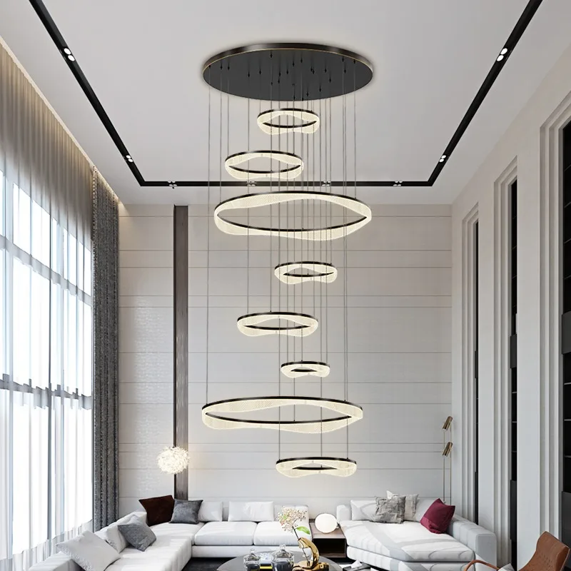 Light luxury crystal villa empty living room chandelier new duplex building chandelier jump rotating staircase long chandelier