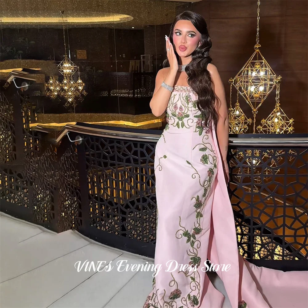 VINES Pink Satin 프롬 드레 Strapless Sleeveless Prom Gown Beading On Chest Party Dress for Formal Event Mermaid Customized