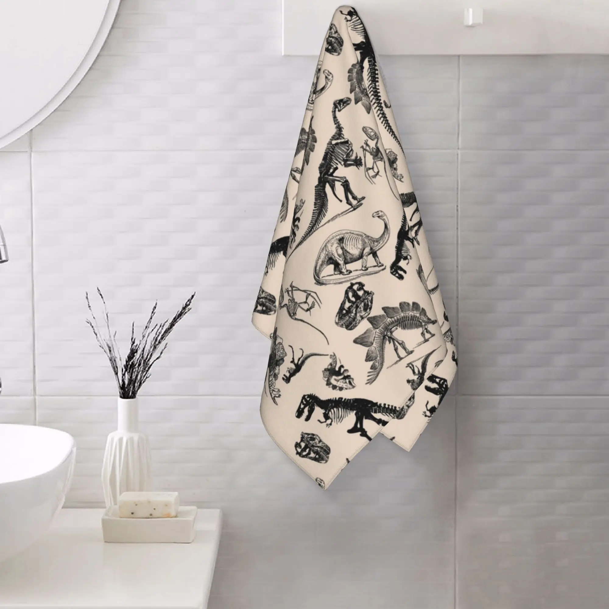 Custom Vintage Museum Dinosaurs and Skeletons Black and Cream Soft Face Towel Quick Dry Pool Bath Cotton Towels Absorbent Quick