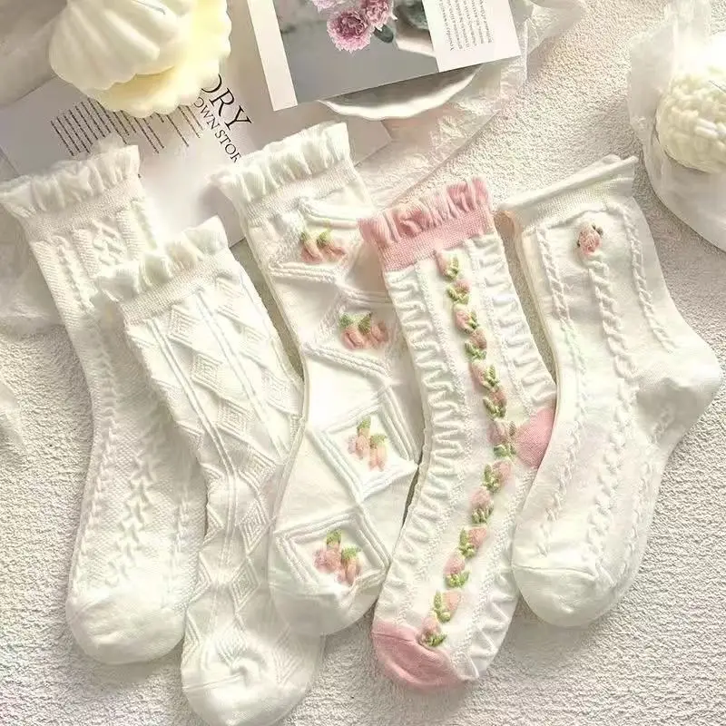 5 Pairs Women's Cute Expression Printed Ankle Socks Comfort Interesting Spring Autumn Medium Tube Sock Girls' Short Socks