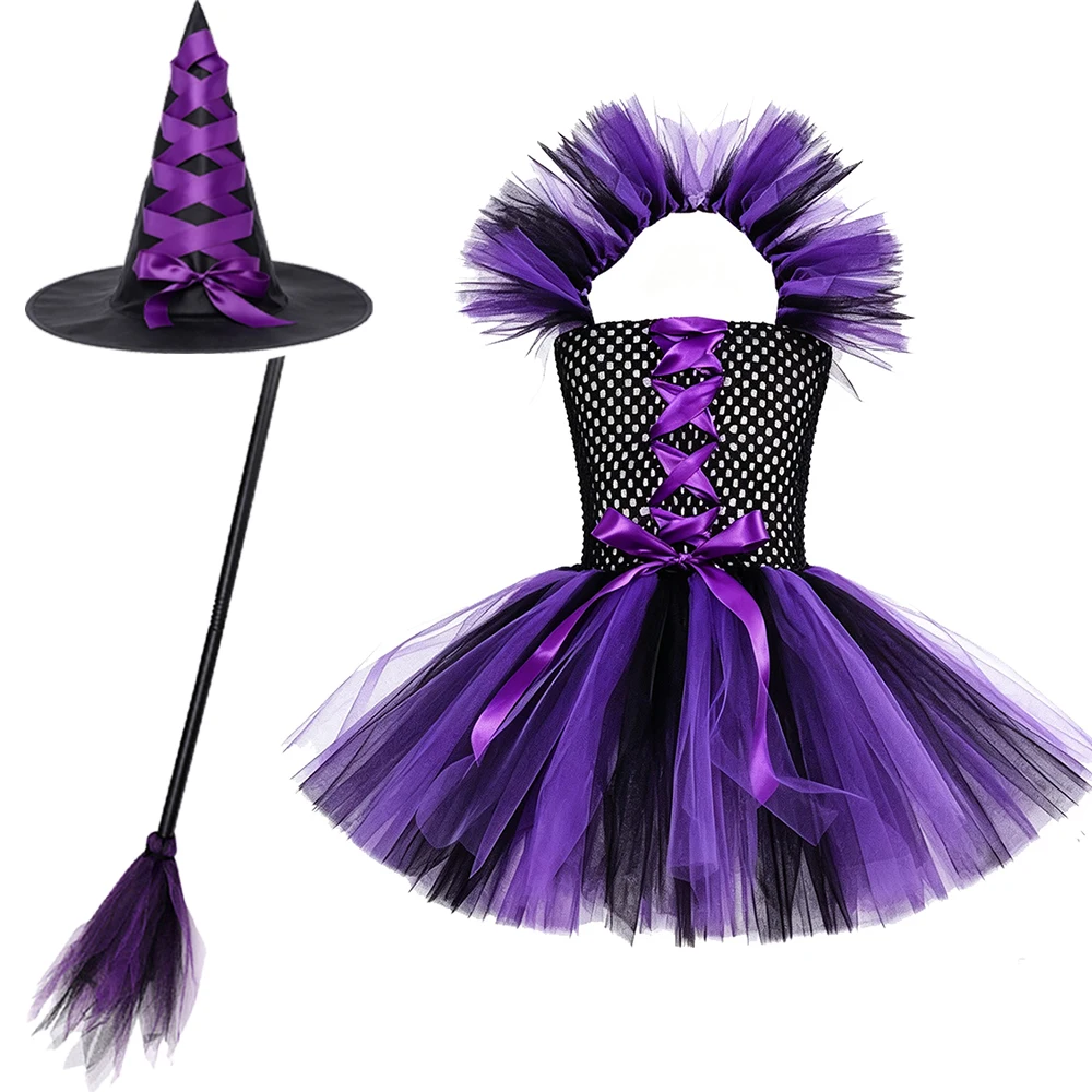 Halloween-Hexenkostüm für Mädchen, lila Tüllrock mit Hut, für Kinder von 2 bis 12 Jahren, Karneval, Cosplay, Party, Kinderkleidung. – Detail 5