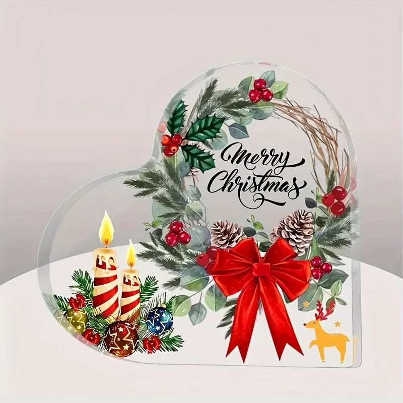 Merry Christmas Wreath Candle Red Bow Heart‑Shaped Clear Acrylic Plaque Pinecone Holly Reindeer Bauble Tabletop Keepsake Ornament Desk Shelf Xmas Holiday Home Decor Gift