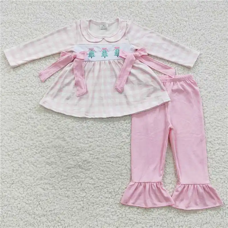 New Fashion Baby Girls Embroidered Christmas Tree Plaid Pink Bow Long Sleeve Pants Set Wholesale Boutique Children Clothes RTS