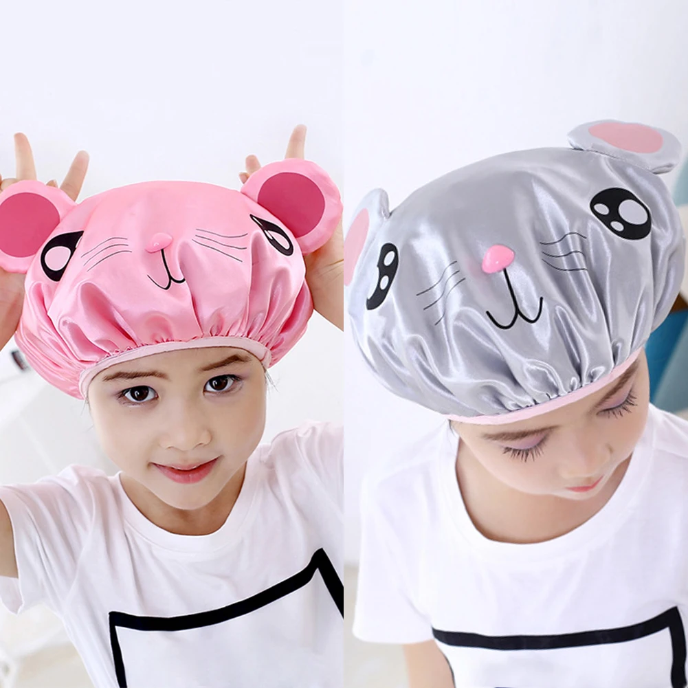 2pcs Kids Cartoon Bath Cap Double Layer Reusable Bathing Hat Head Cover Home Bathroom Waterproof Cute Children Shower Cap