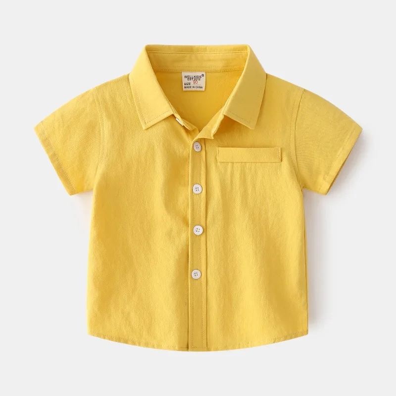 Soft Cotton Boys Shirt Summer Short Sleeve Lapel Collar Solid Color Casual Breathable Kids Blouse Trendy Street Style Daily Wear
