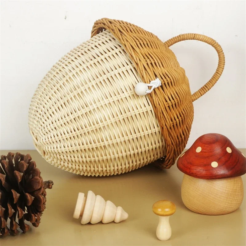 Acorn Tote Bag Handmade Rattan Mushroom Storage Box Woven Toy Basket For Kids Nursery Photo Prop Table Decor Gift For Girls