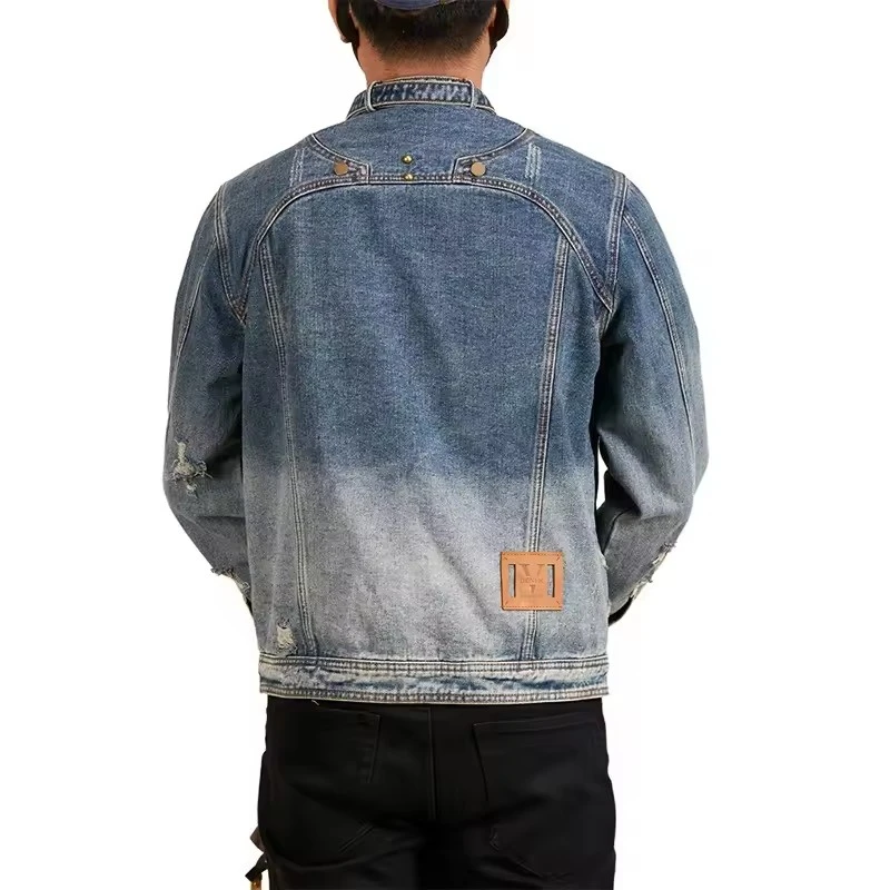 Men Stand Collar Loose Casual Gradient Splice Washed Denim Rivet Punk Rock Motorcycle Jacket Cityboy Plus Size Jeans Coat