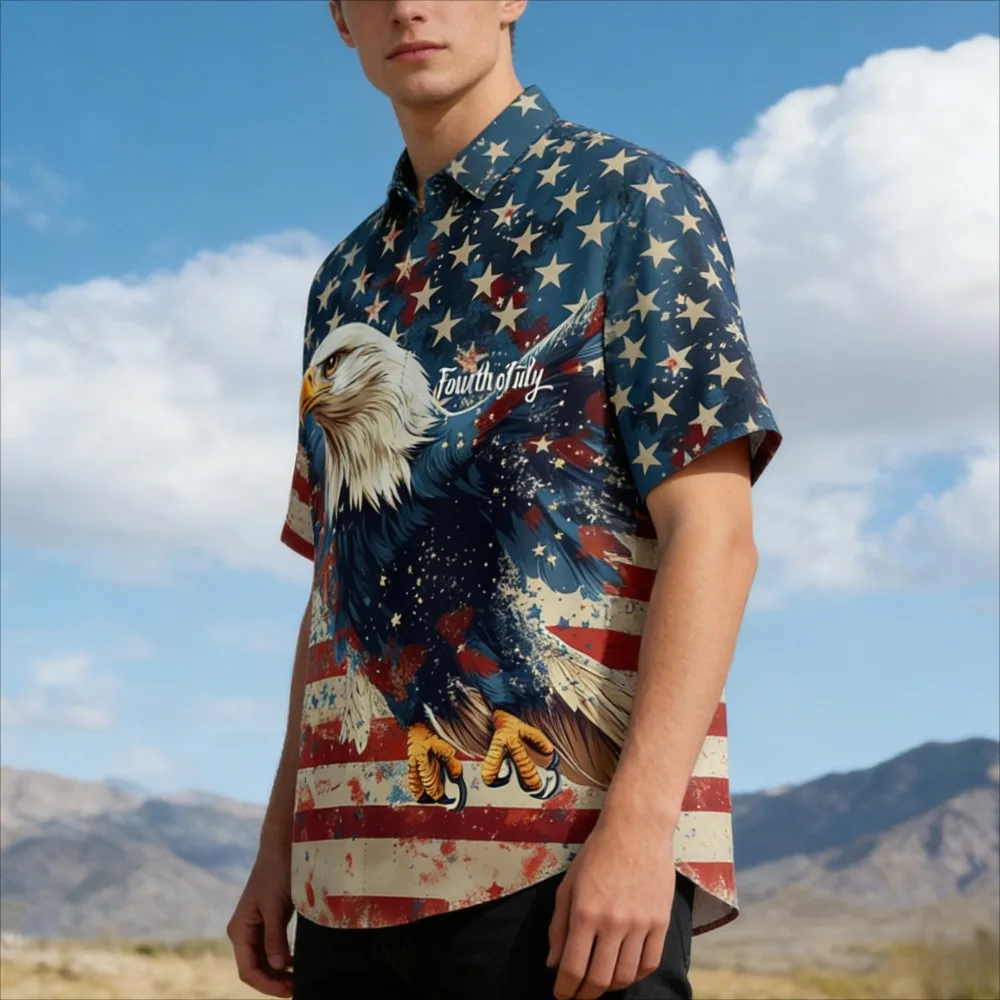 ​Men's Patriotic July 4th Button-Up Shirt American Flag Eagle Print Short Sleeve Casual Top for Independence Day Celebrations