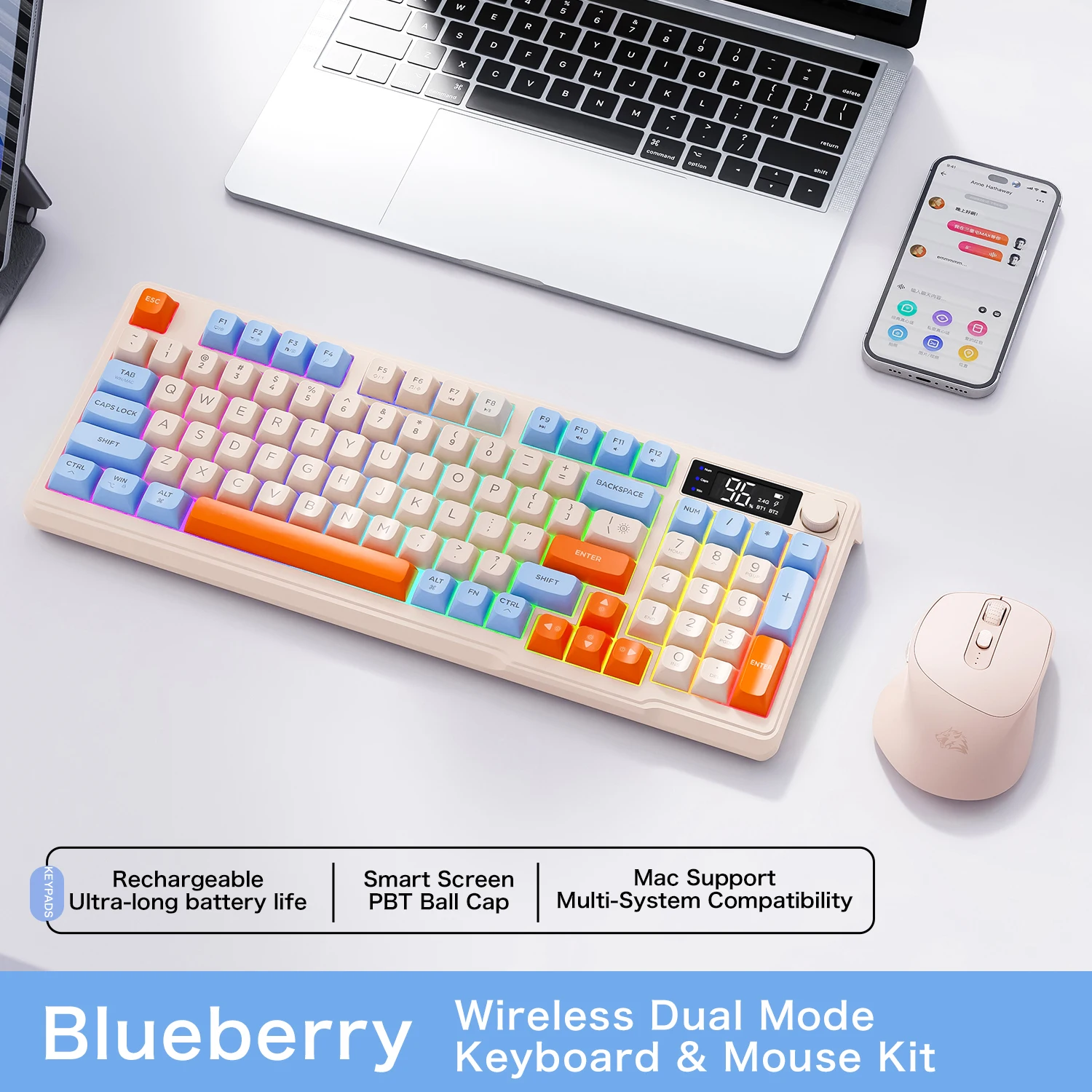 M96 Bluetooth-toetsenbord Draadloos FREEWOLF-schermgamingtoetsenbord, elektronisch scherm, verbinding met meerdere apparaten, ergonomie-gaming