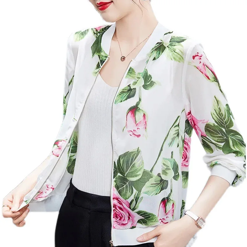 Kích Thước M-5XL Chiffon Hoa Hồng In Áo Khoác Mùa Xuân Hè Áo Khoác Mỏng Cardigan Nữ Lưới Dài Cao Cấp Người Phụ Nữ Quần Áo