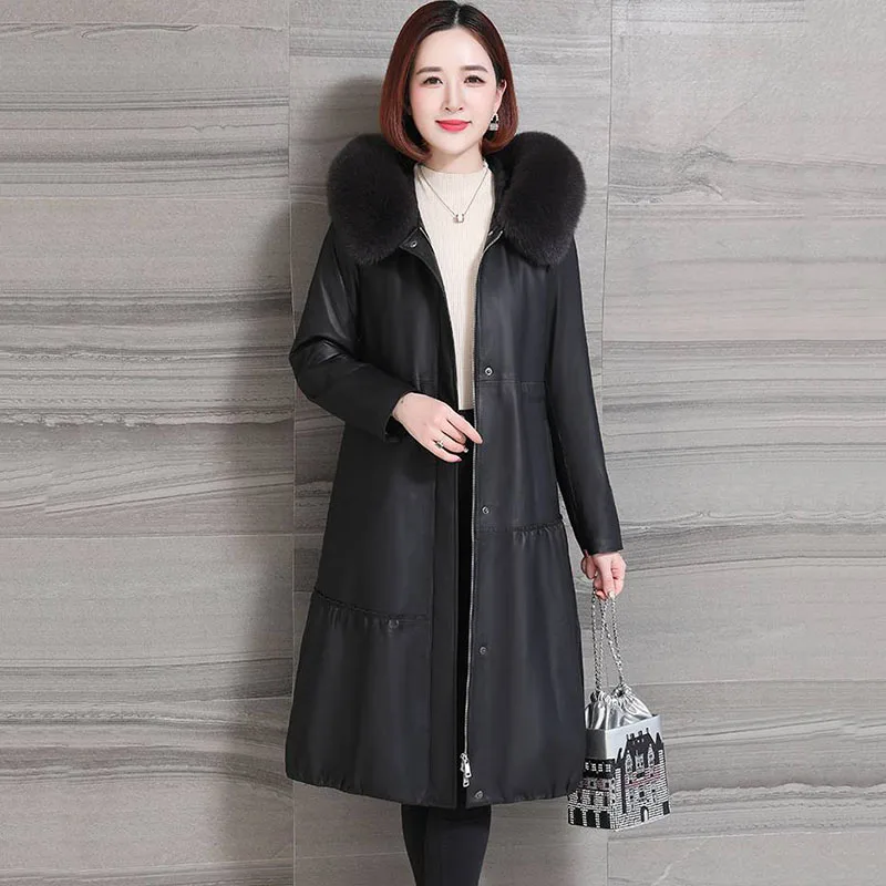 Winter 2022 New Pu leather Parka Women Down Cotton Jacket Pocket Big Fur Collar Coat Female Padded Warm Mid Long Outerwear Tops