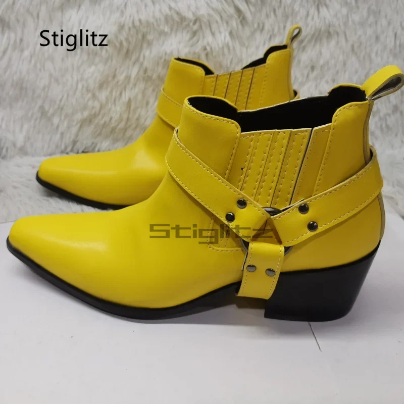 

Ботильоны с круглым ремешком и пряжкой, желтые, красные, оранжевые мужские ботинки без шнуровки, ботинки из натуральной кожи на высоком каблуке с острым носком, обувь для вечеринок