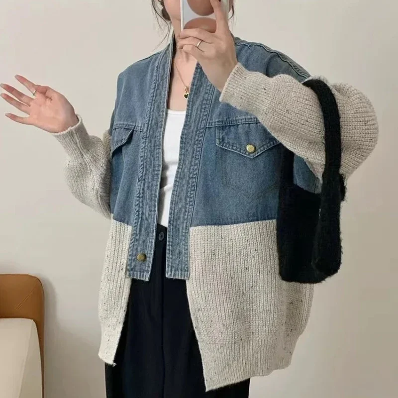 Fat mm200 Pounds Vintage Denim Patchwork Sweater Coat Patchwork Denim Fashion Woman Autumn Winter Thickened Loose Niche Cardigan