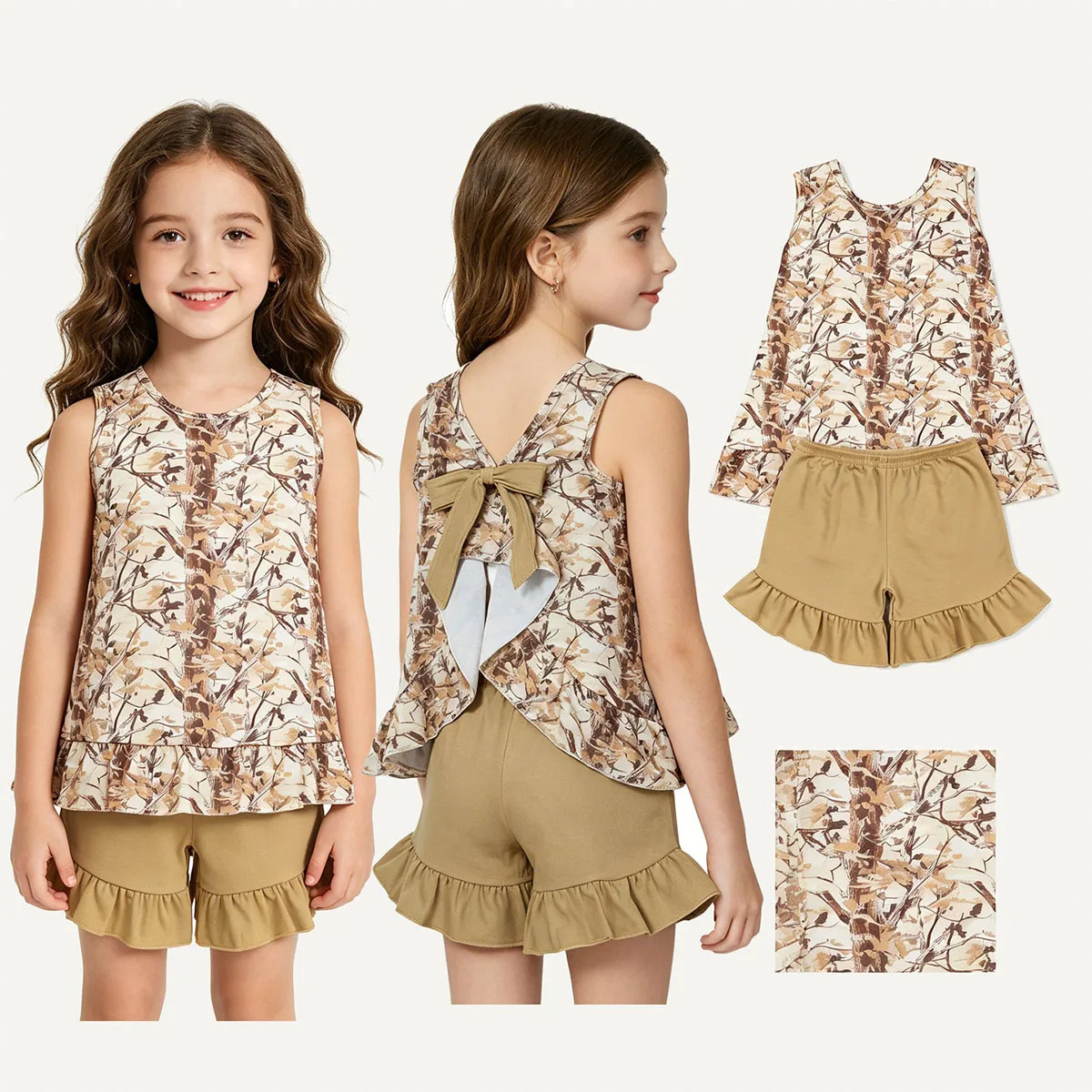 Baby Girls Summer Clothes Southern Leaves Camo Back Bow Tunic Ruffle Shorts Sets Toddler Outfit Children Kids Clothing Wholesale