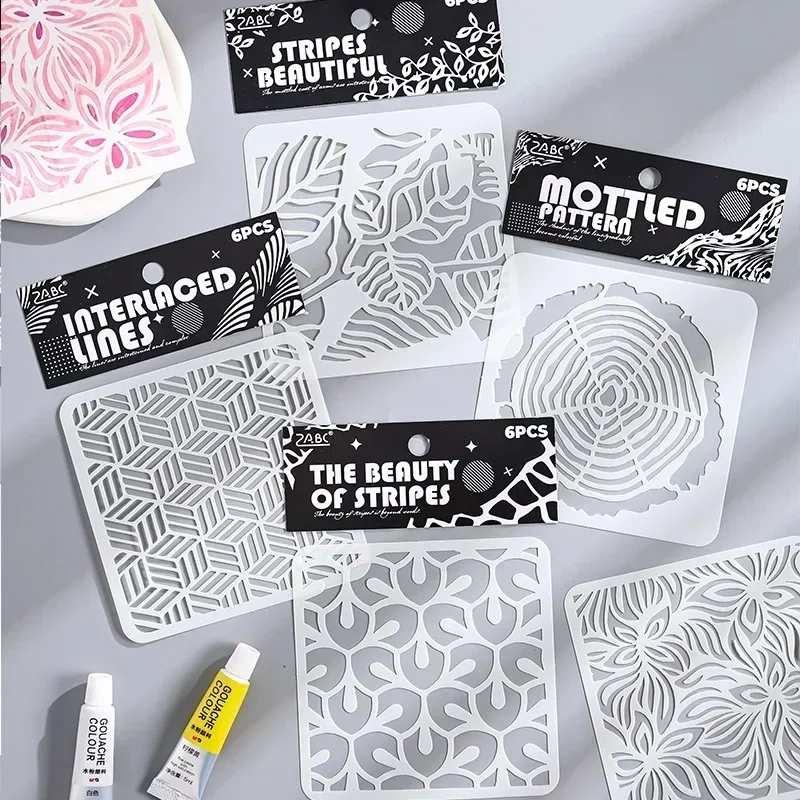 6Pcs PET Retro Geometric Pattern Hollow Stencils Scrapbook Journal Card Decor DIY Coloring Mold Stencil Templates for Painting