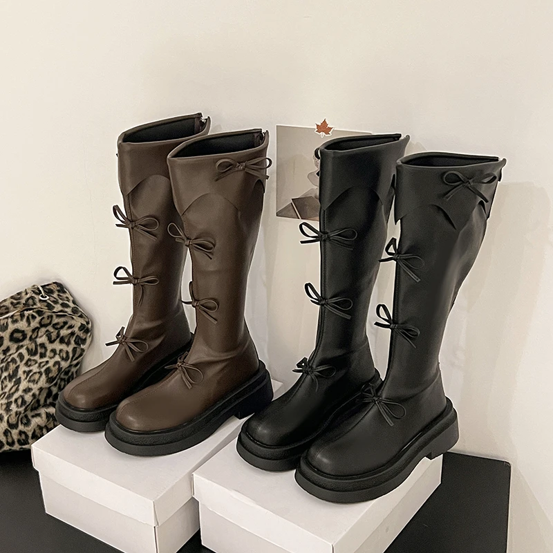 Winter Thick Sole Woman Short Plush High Boot Fashion Butterfly-knot Back Zippers Shoes Women's Slim Knight Long Booties