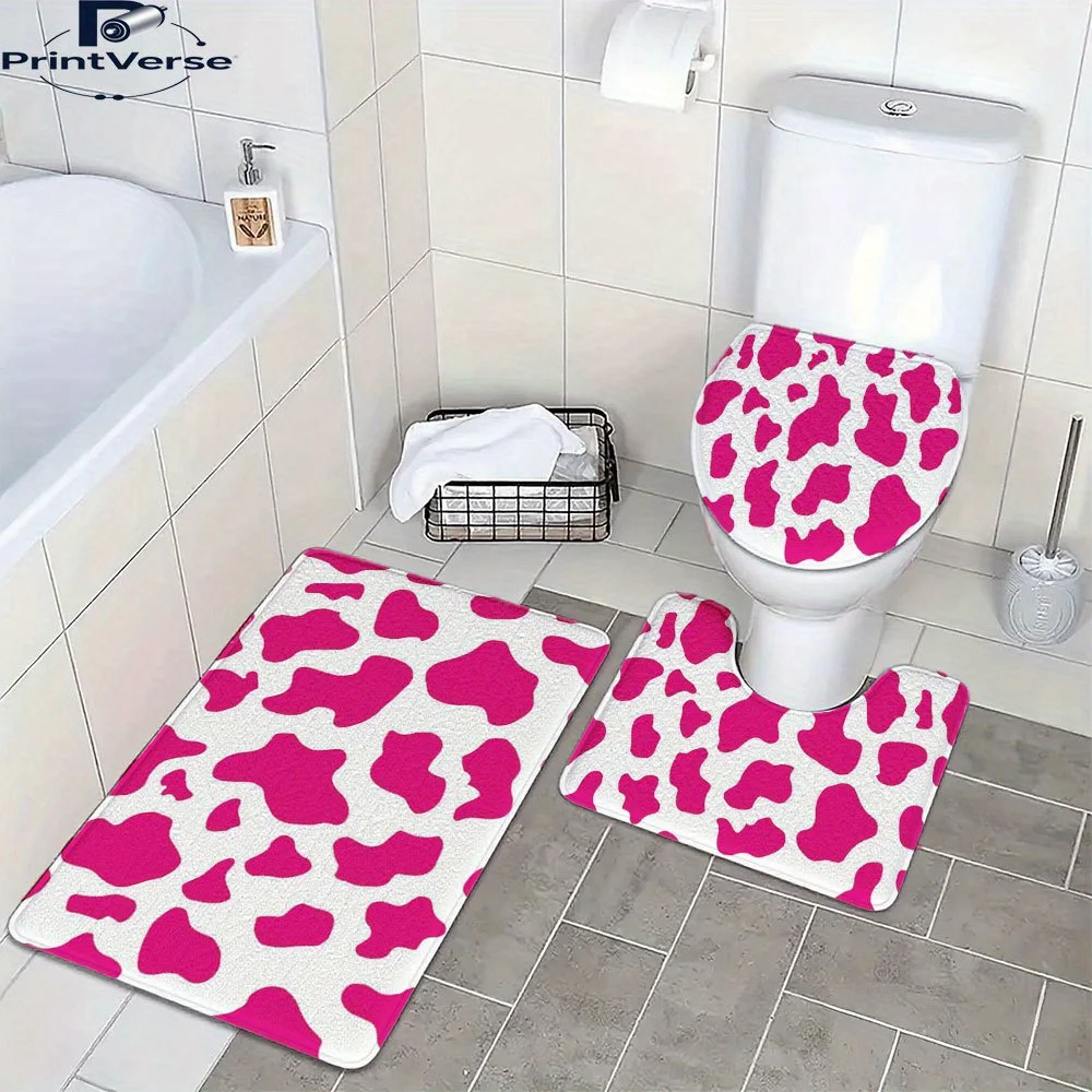 

3 шт. изысканные моющиеся коврики для ванной комнаты с розовым и белым коровьим принтом, подходят для туалетных и дверных проемов в ванной комнате, крышка для унитаза,