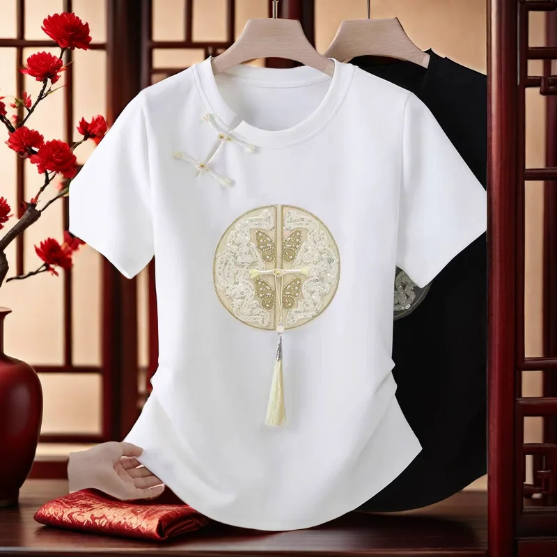 National wind embroidery new Chinese inclined front button T-shirt women 2024 summer new fold waist all-match short sleeve shirt