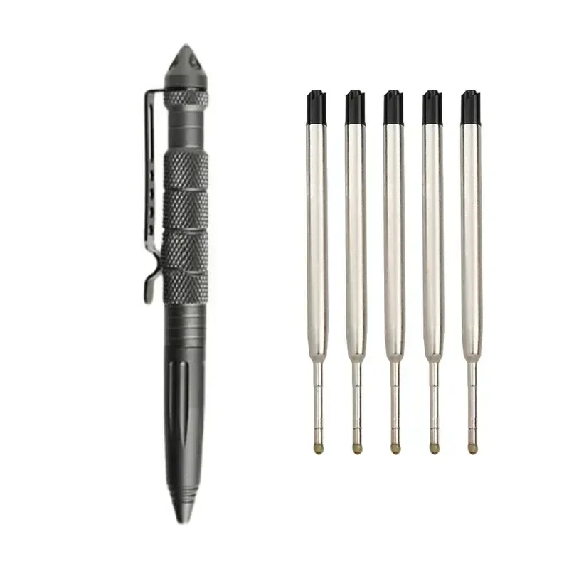 Metal Caneta Esferográfica Conjunto de Recargas, Tactical Roller Ball Pen, Assinatura Papelaria, Escritório e Material Escolar, Escrita Presente, 1 + 5 Pcs por Conjunto