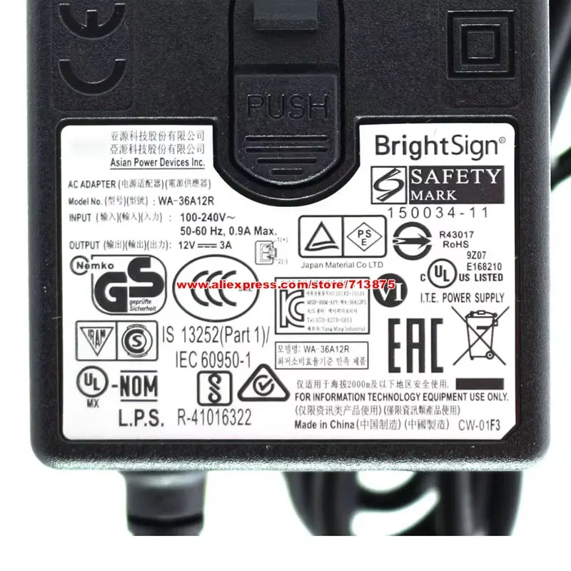 Genuine WA-36A12R AC Adapter For APD 12V 3A 36W For BrightSign XD234 XD1034 XT243 XT244 XT1144 Media Player with Special 2 Pins