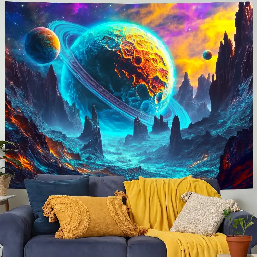 

Yuiqear Psychedelic Planet Tapestry Trippy Galaxy Space Tapestries Neon Starry Sky Wall Decor Mysterious Universe Mountain Tapes