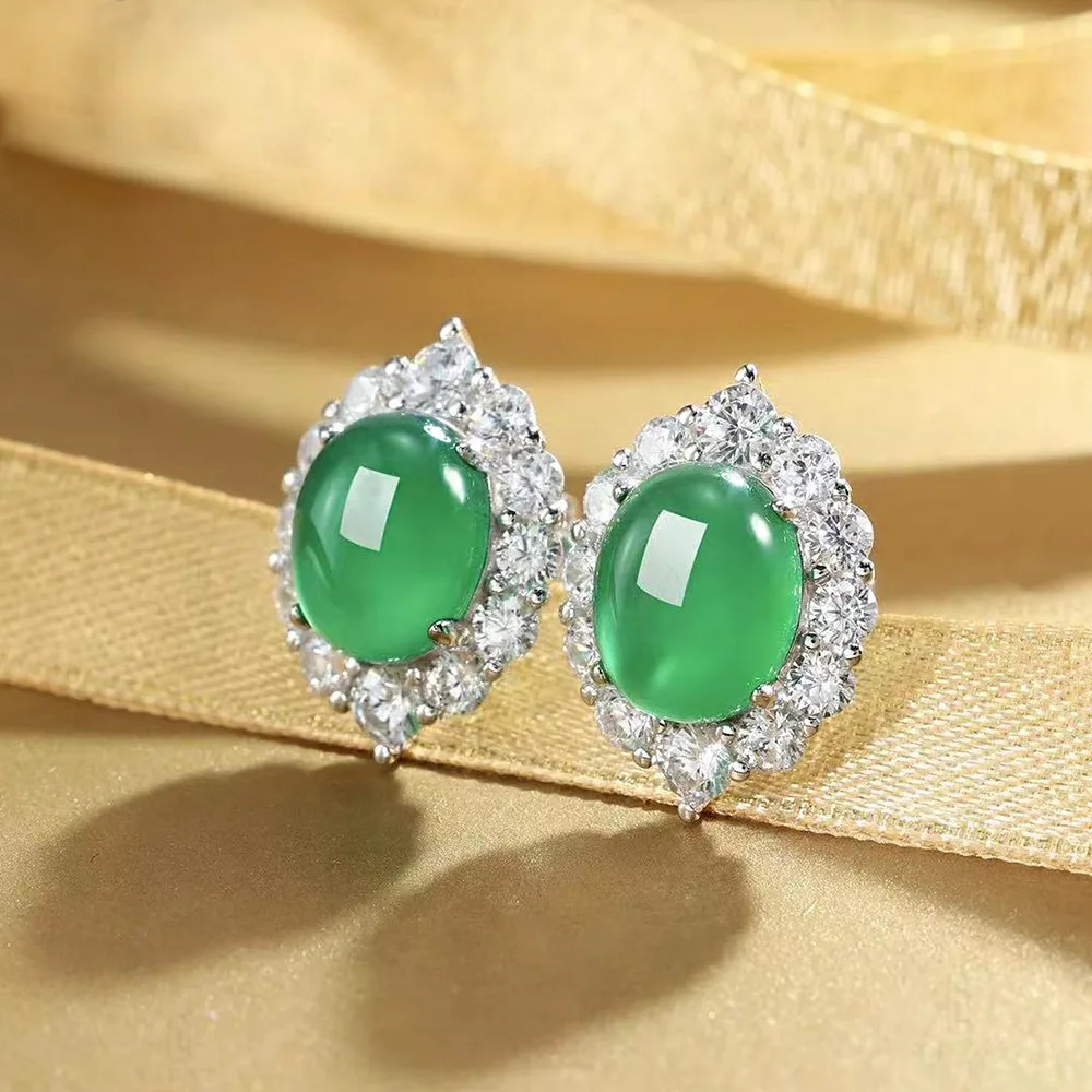 Xiaoyan's new 100% S925 silver full diamond inlaid 8 * 10 simulated chalcedony earrings anniversary commemorative gift