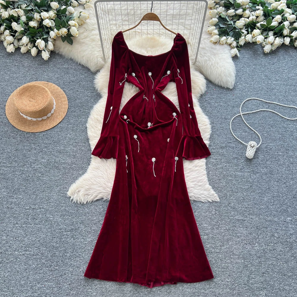 vintage elegante vierkante hals flare mouw velours jurk vestidos damesmode retro feestceremonie jurken