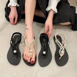 Women's Shoes with Low Heels Summer 2024 Diamond Footwear Pvc Plastic Sandals for Woman Flip-flops Black Rhinestones Sandal F H