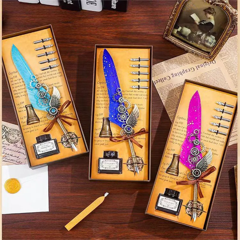 8-piece Mechanical Feather Pen Set, Vintage Punk Style Sprinkled Gold Feather Pen, Gear Feather Pen Set, Novel Gifts