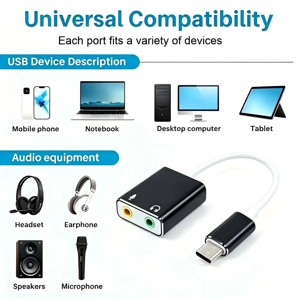 USB Type C External Sound Card Adapter Audio USB-C to 3.5mm Jack Headphone Mic for Laptop MacBook Pro