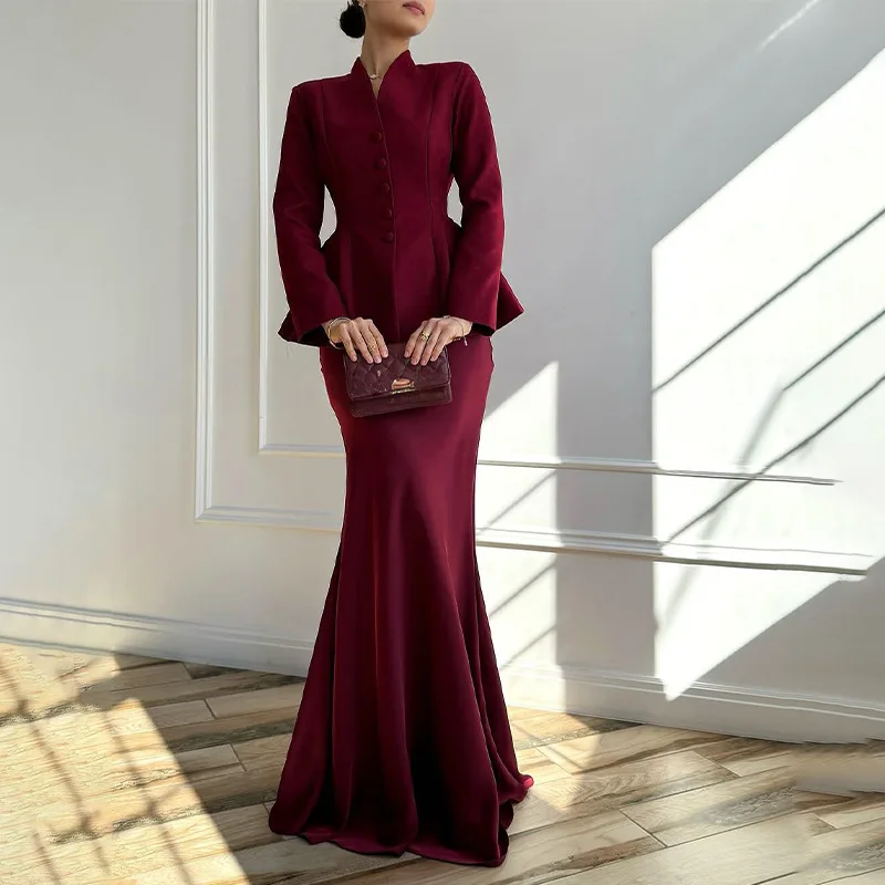 2025 nueva moda mujer color sólido de manga larga multi-top envuelto en la cadera falda larga conjunto Z040