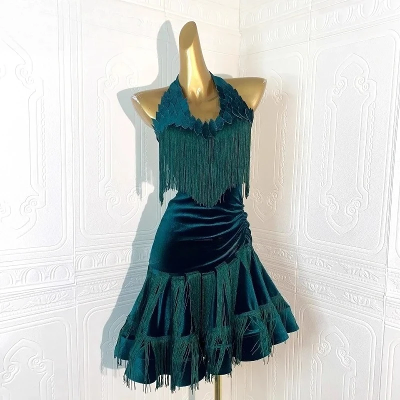 Image of Lateinamerikanisches Tanzkostüm für Erwachsene und Kinder, hochwertiges, maßgeschneidertes, rückenfreies Kleid mit Quasten und Blumenmuster, professionelles Samba-Performancekleid